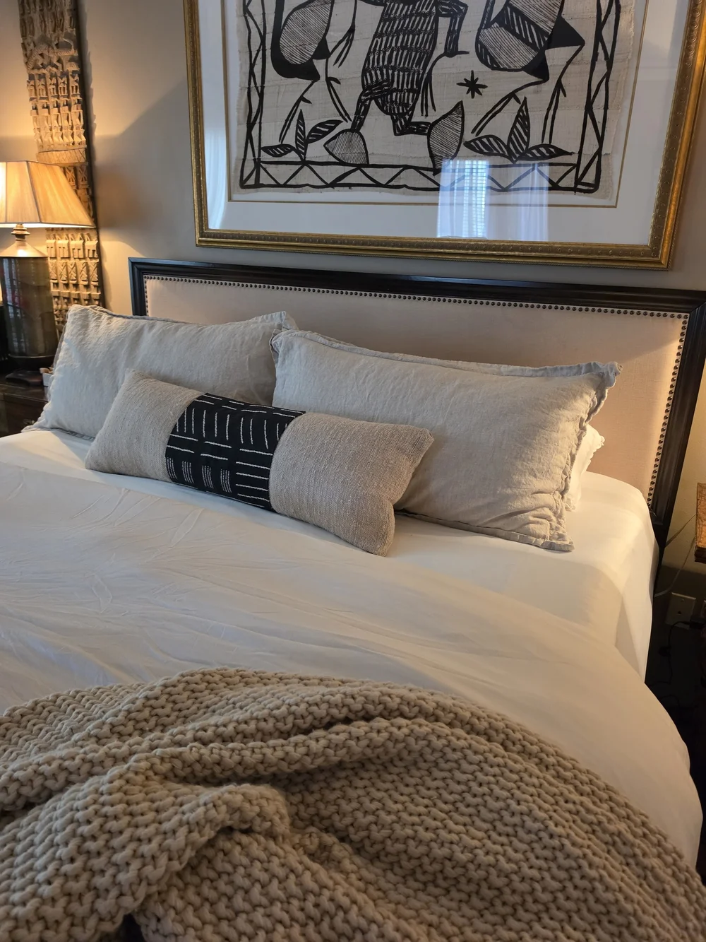 African Mud Cloth And Linen Neutral Beige and Black Decorative Lumbar Pillow